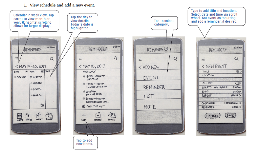 ReminderX paper prototype workflow for task: viewing your schedule and adding a new event.