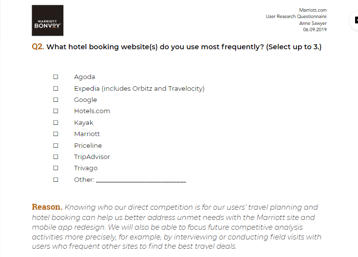 Screenshot of Marriott User Survey question: What hotel booking websites do you use most frequently?