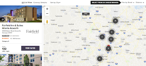 Screenshot of using the Map View in Marriott.com. There may be many hotels that match users’ destination and budget, but since no information pops up when they hover over the map, users instead have to zoom way in to see any details.