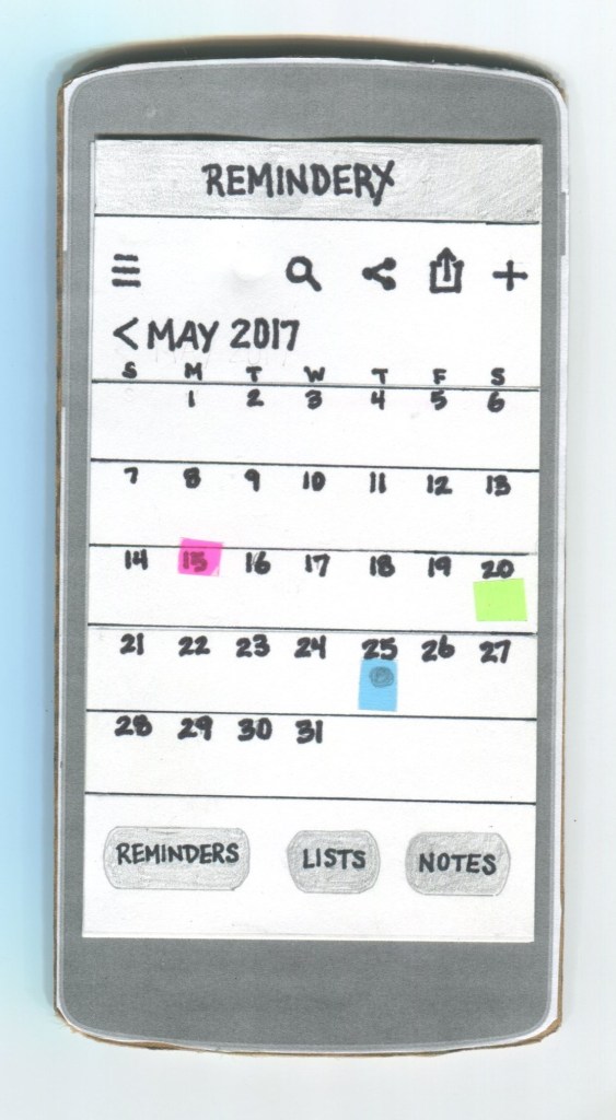 ReminderX app design: home screen paper prototype.